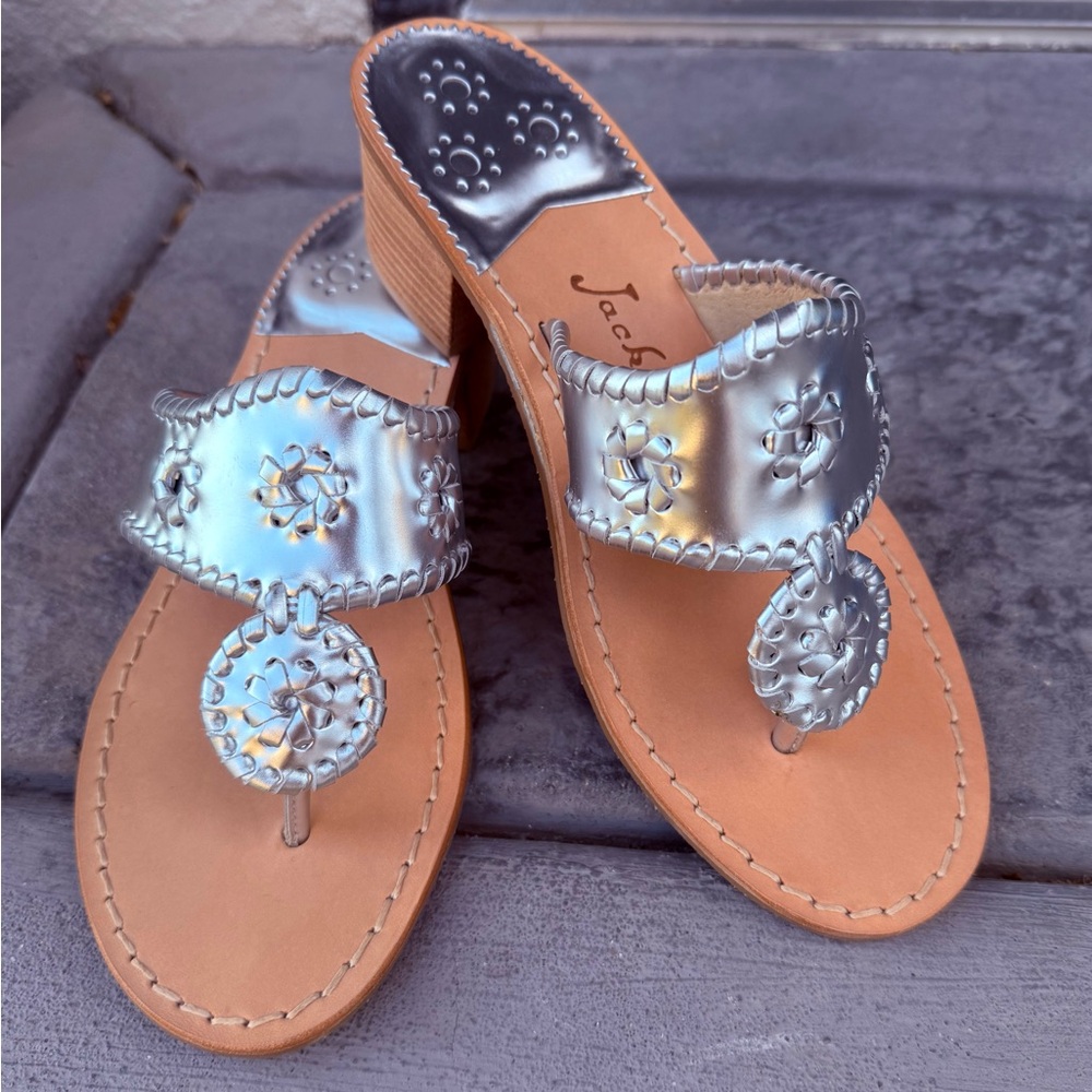 Brand New Jack Rogers Silver Heeled Sandals with Intricate Medallions 8 M.